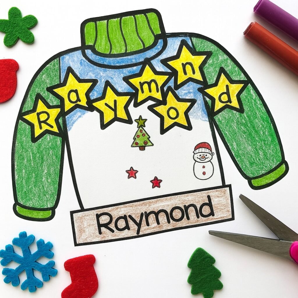 Give your Santa lineup a cozy twist with a Christmas sweater craft for kids. Students design their own “ugly sweater” using markers, sequins, and cotton balls. Add Santa faces or reindeer for flair!