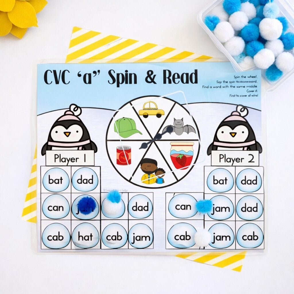 These CVC short vowel spin and read games are a hands on way for early learners to practice phonics, decoding, and short vowel words through simple, repeatable play.