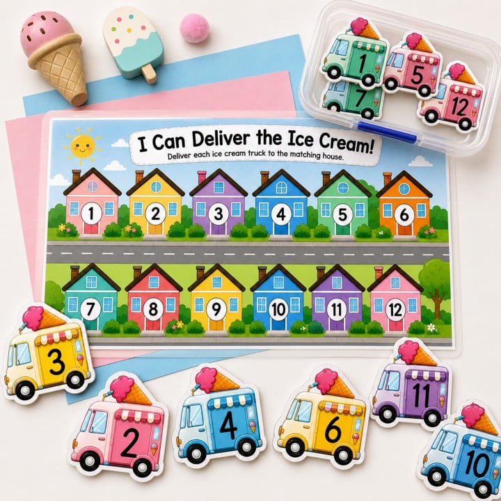 Ice Cream Truck Number Match Busy Book Mat! Children simply match each colorful ice cream truck to the house with the matching number, making it a playful way to build number recognition, number matching, visual discrimination, and fine motor skills.
