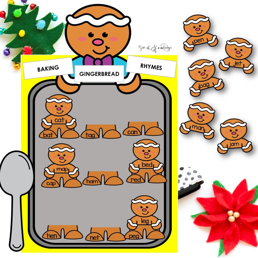 You won’t believe how fun this one is! Kids grab a little gingerbread “baking tray,” read the word printed on the bottom of a gingerbread figure, then hunt for the matching CVC word head that rhymes and paste it on. 