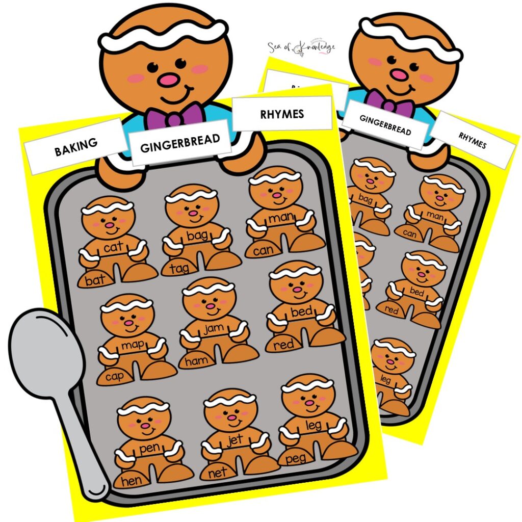 You won’t believe how fun this one is! Kids grab a little gingerbread “baking tray,” read the word printed on the bottom of a gingerbread figure, then hunt for the matching CVC word head that rhymes and paste it on. 