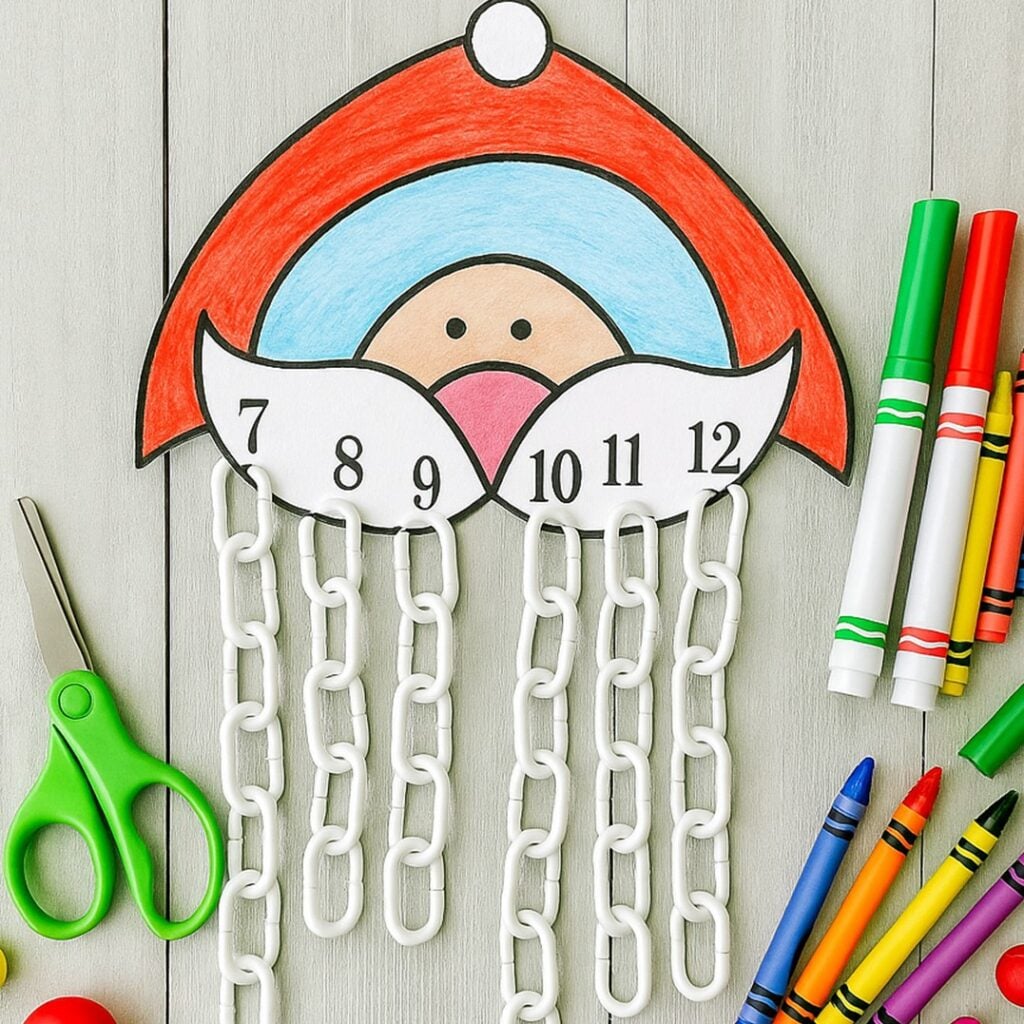 Combine math with Christmas joy in this Santa beard craft. Kids cut and link red and white paper or plastic chains to form Santa’s beard, counting links as they go. It’s an interactive way to teach counting, addition, or number order.