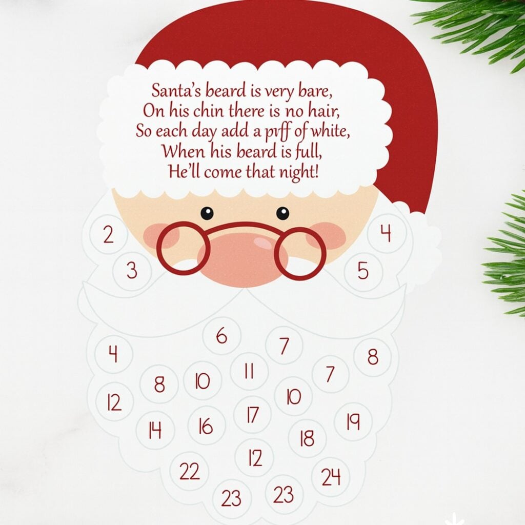 this Santa countdown craft helps children count down the days until Christmas by adding a cotton ball each day to Santa's beard.