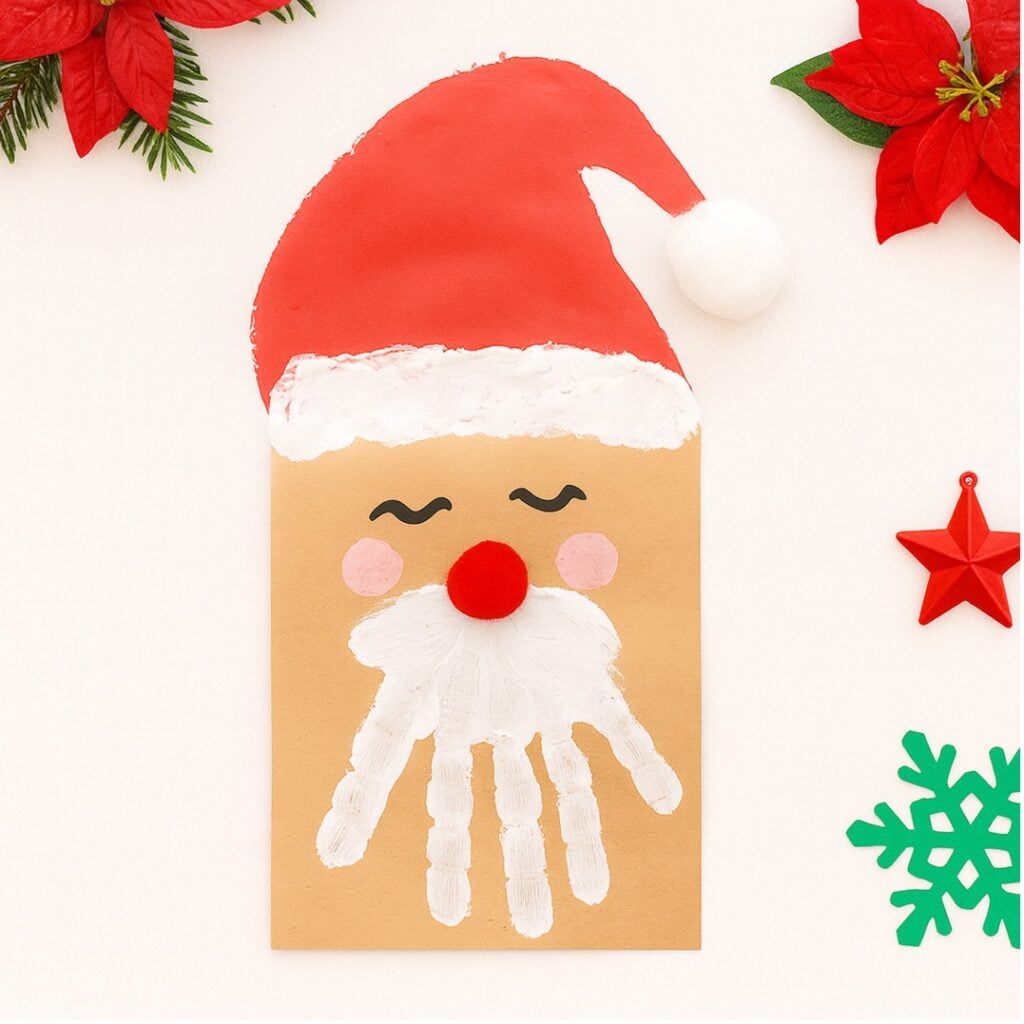 Handprint Santa craft with red hat and cotton beard for preschool display