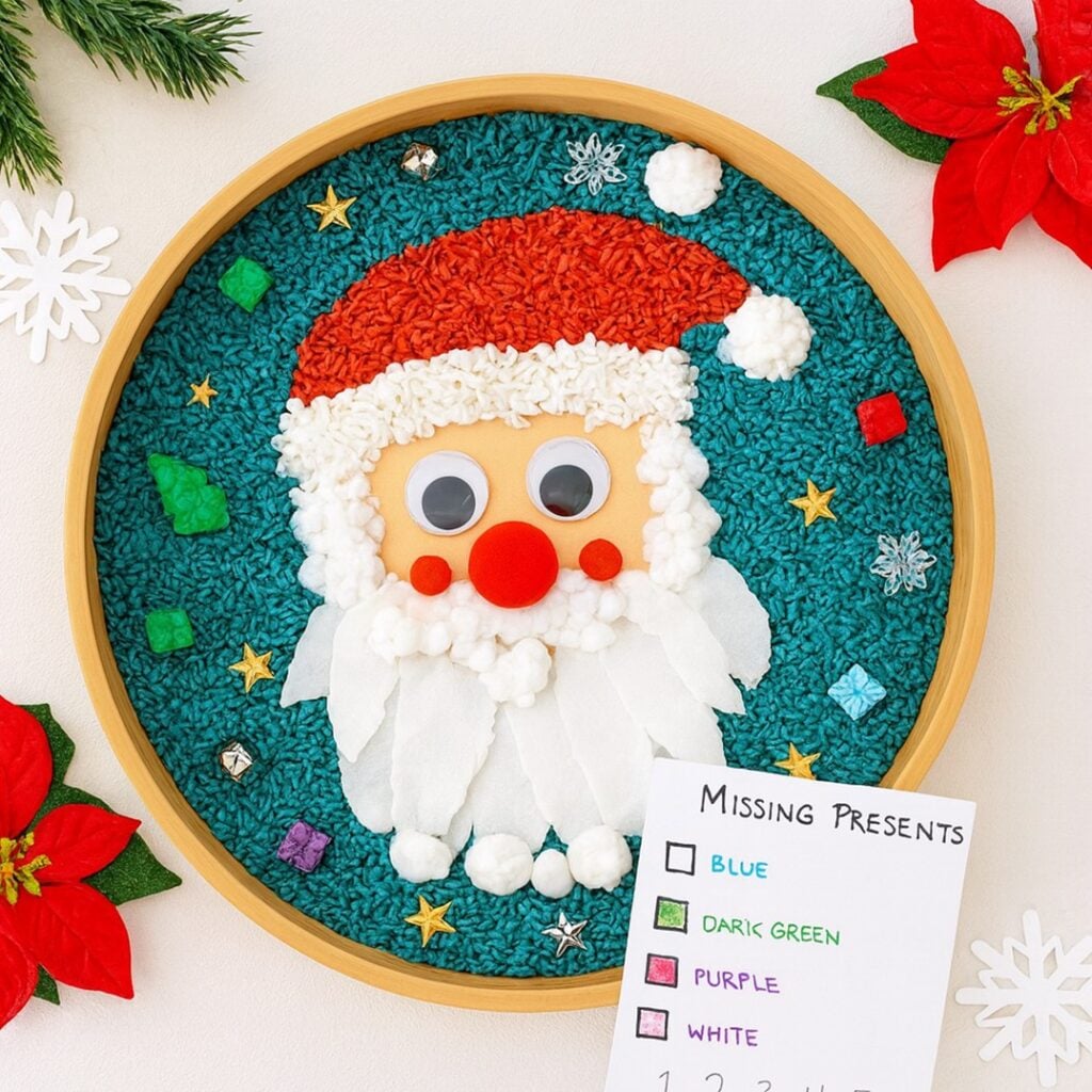 Sensory bin filled with cotton snow, red felt, and mini Santa hats for tactile play