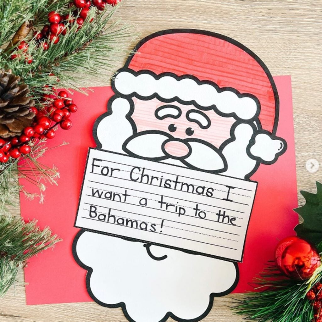 Santa writing prompt craft with student response and red paper Santa outline