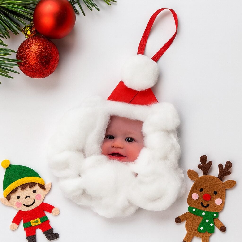 Felt and pom-pom Santa ornament hanging from a Christmas tree branch