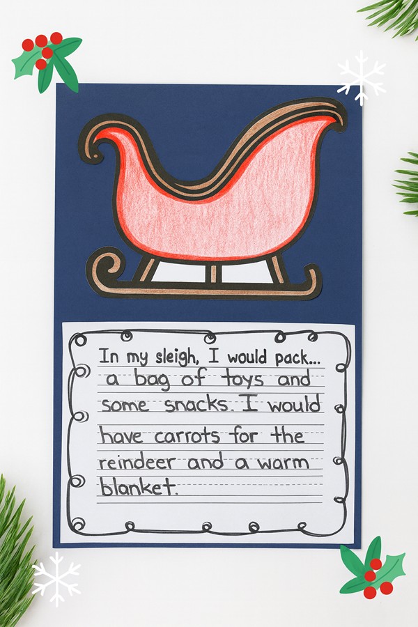 Santa sleigh writing craft with children writing about Santa’s journey in sleigh