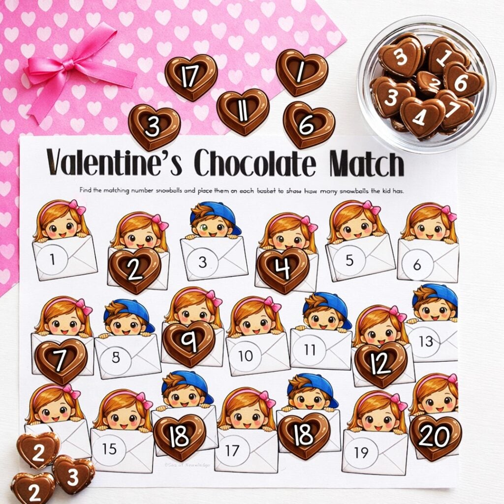 This mat helps kids practice number recognition using adorable Valentine-themed characters and chocolate heart manipulatives.