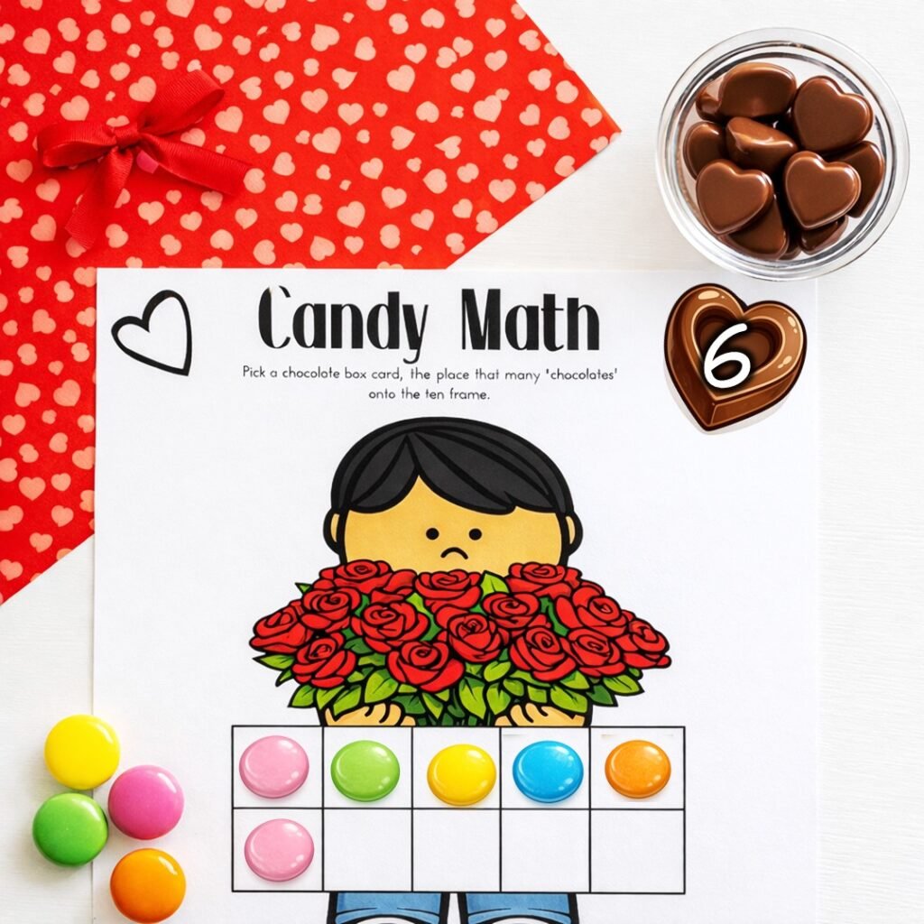 This ten frame Valentine math mat helps kids build strong counting and quantity skills using candy-themed manipulatives.