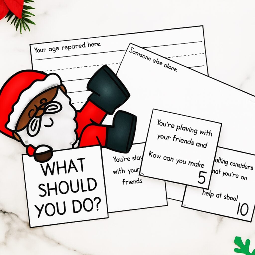 Children using scenario cards for a Santa social skills craft activity promoting kindness and empathy