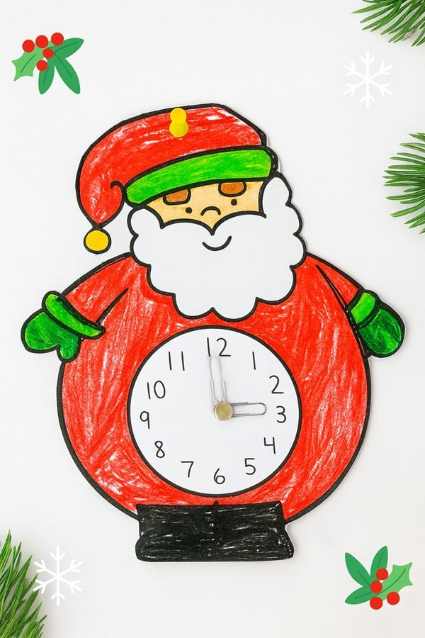 Santa clock craft for kids showing time-telling practice with red and white paper