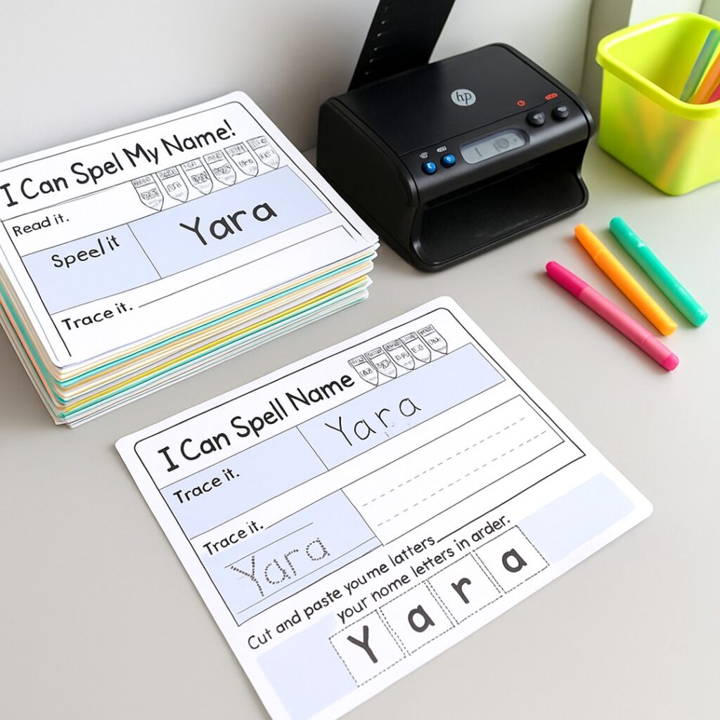 Preschool name tracing sheets stacked beside a scanner and colorful markers. A teacher hand holds a single name page ready to scan. Light grey desk background.