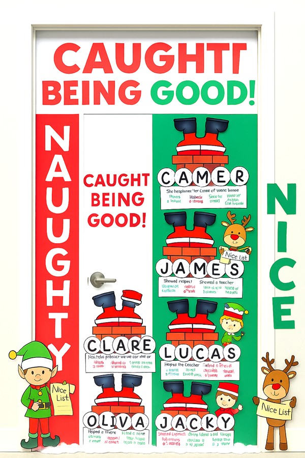 Christmas Around the World classroom door ideas featuring Santa’s Helpers Around the World display with mini chimneys, flags, and global landmarks.