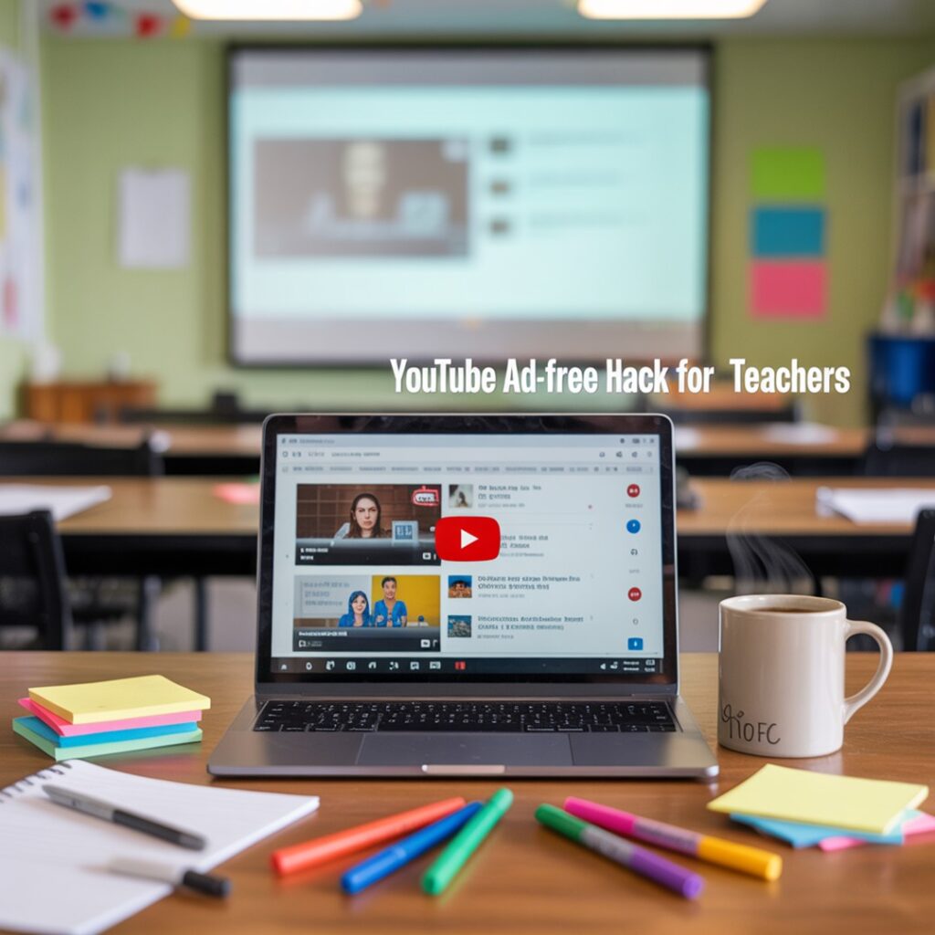 Overhead view of a laptop on a teacher’s desk showing a YouTube video playing without ads. Sticky notes, markers, and a coffee cup nearby. Text overlay reads “Ad-Free YouTube Hack for Teachers.”