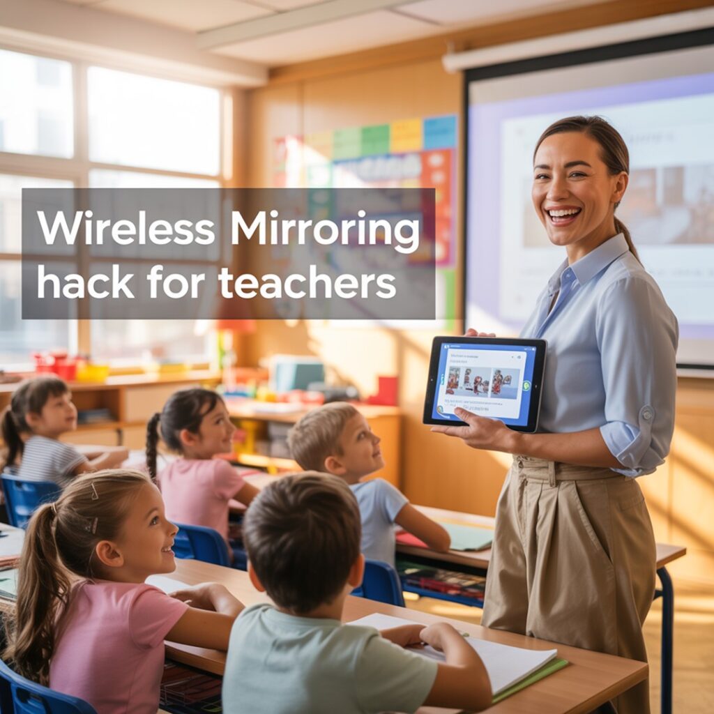 Teacher holding an iPad that mirrors onto a classroom projector screen. Students watch from their desks as the image updates in real time.