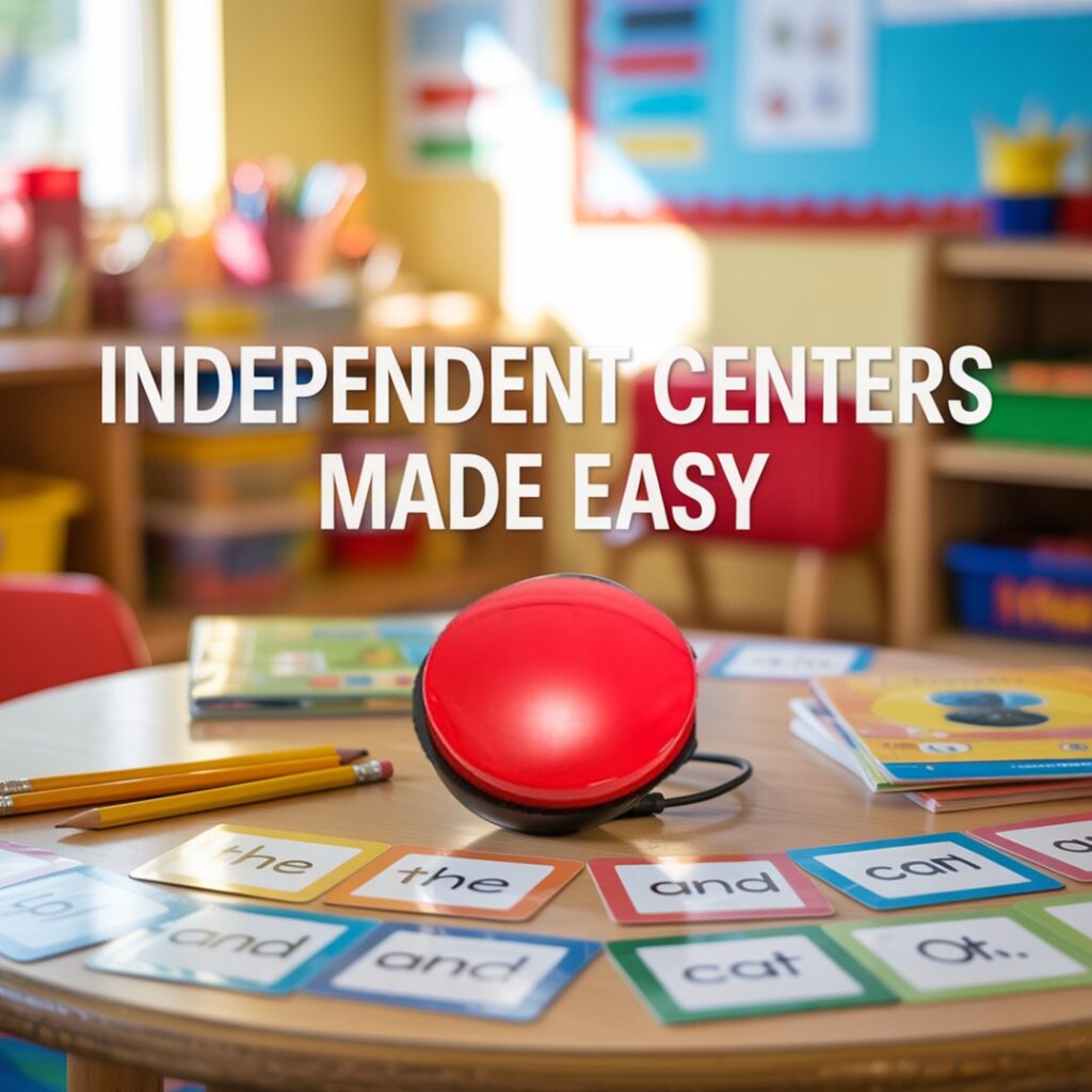 Close-up of a small circular classroom audio recorder with buttons labeled “Record” and “Play,” sitting next to sight word cards and pencils on a kid’s table.