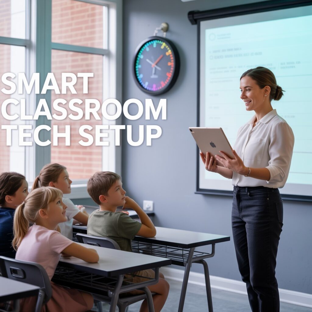 Chromebook on a desk showing a Google Doc open with the microphone icon for voice typing. A student is speaking while the words appear on-screen.