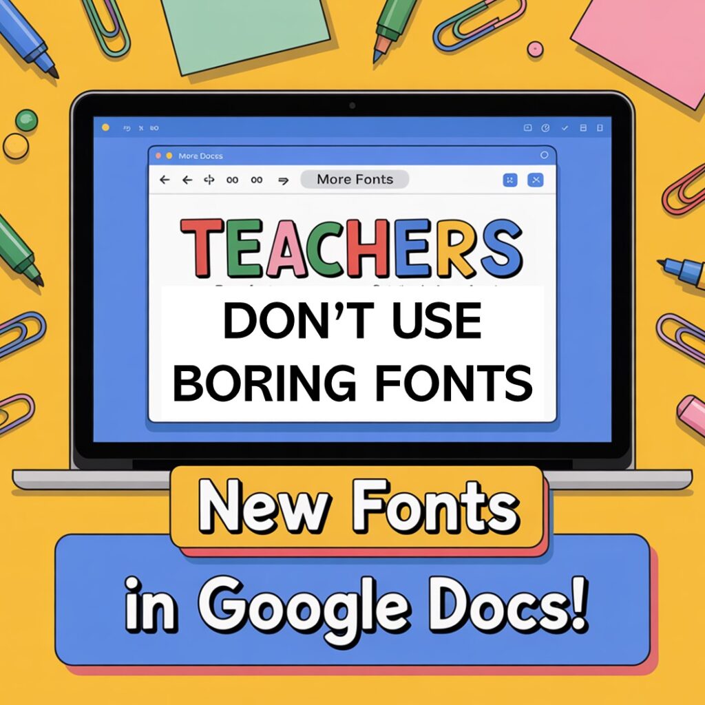 Laptop screen showing Google Docs “More Fonts” window open. Cute classroom fonts displayed with markers, paperclips, and pastel sticky notes scattered around.