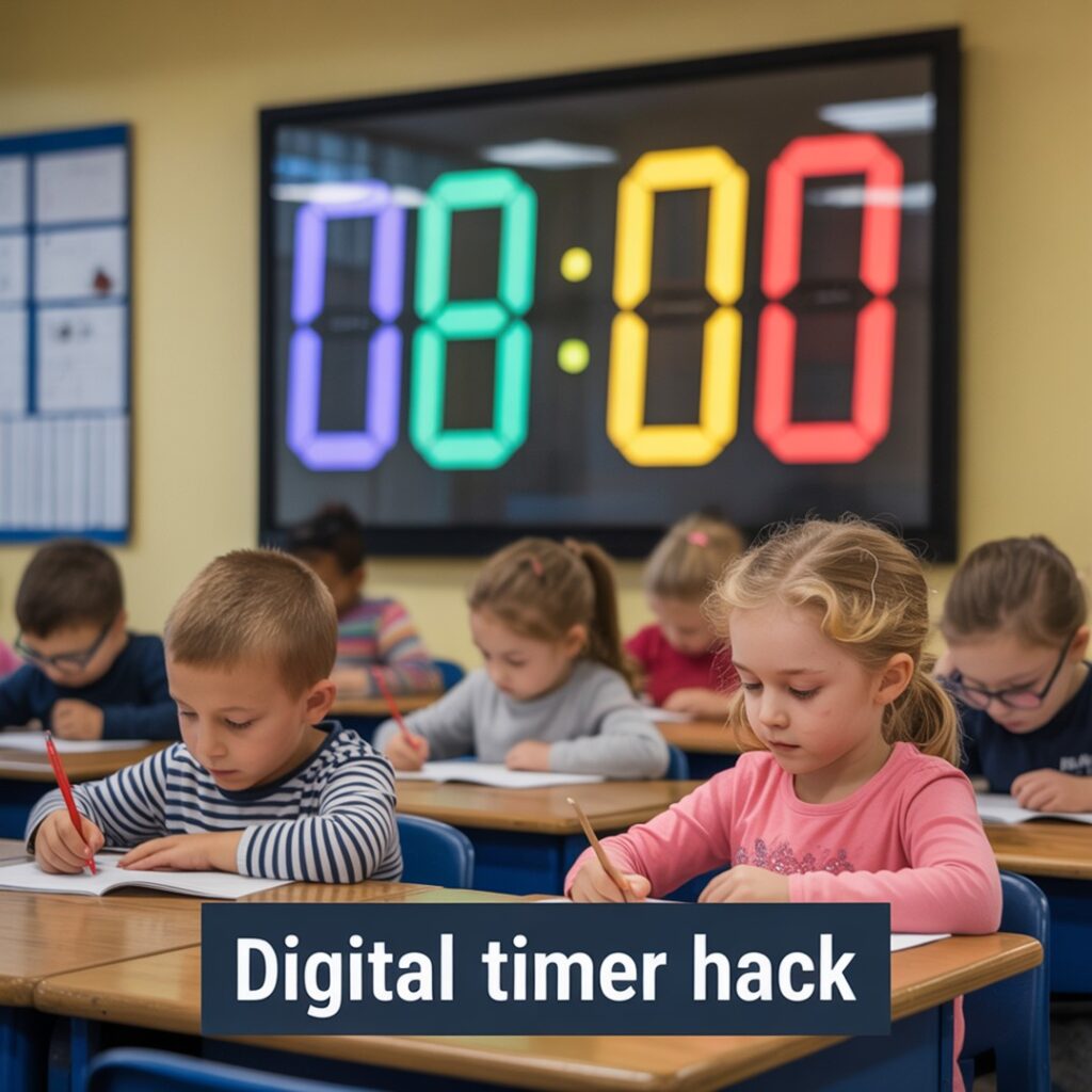 Classroom wall with a large LED digital clock glowing in multicolor countdown mode. Students working quietly at desks in the background.