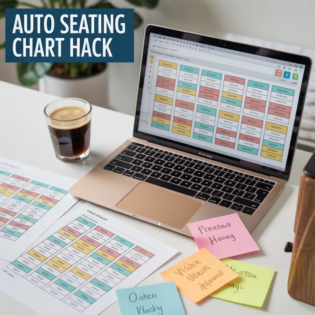 Teacher’s laptop screen displaying a colorful digital seating chart. Sticky notes with student names and a coffee cup beside it.