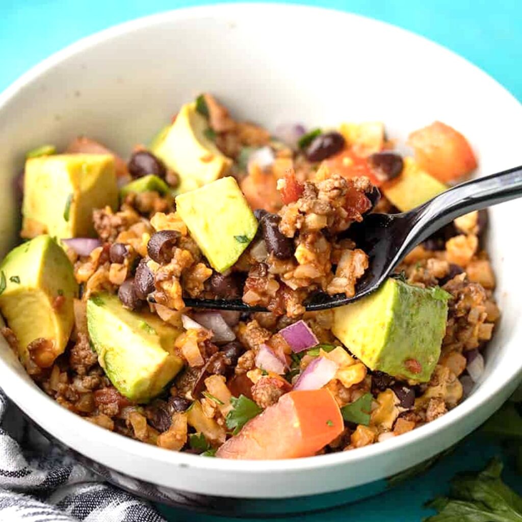 easy cauliflower rice beef bowl