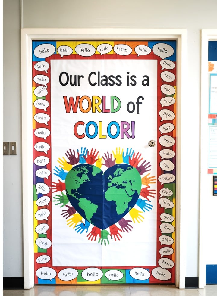 Christmas Around the World classroom door decorated with rainbow handprints forming a globe heart, celebrating unity and diversity.