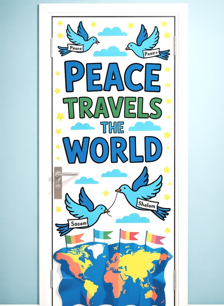 Christmas Around the World classroom door idea with white paper doves carrying “peace” in many languages over a blue background.