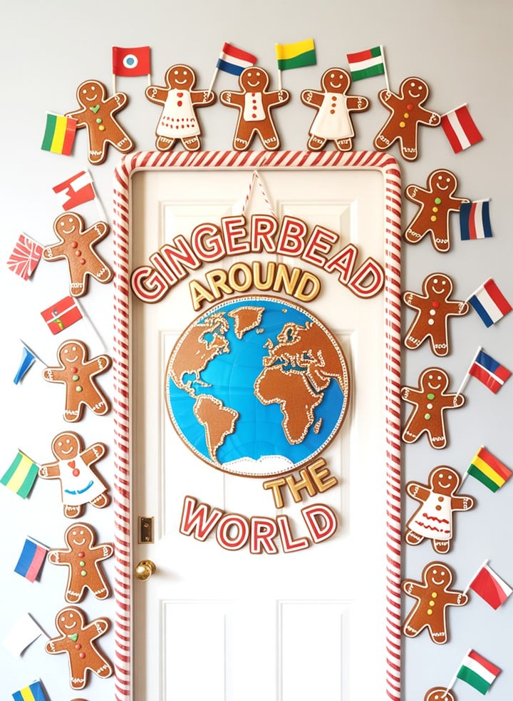 Christmas Around the World classroom door featuring a Kindness Around the World theme with hearts, global icons, and acts of kindness.