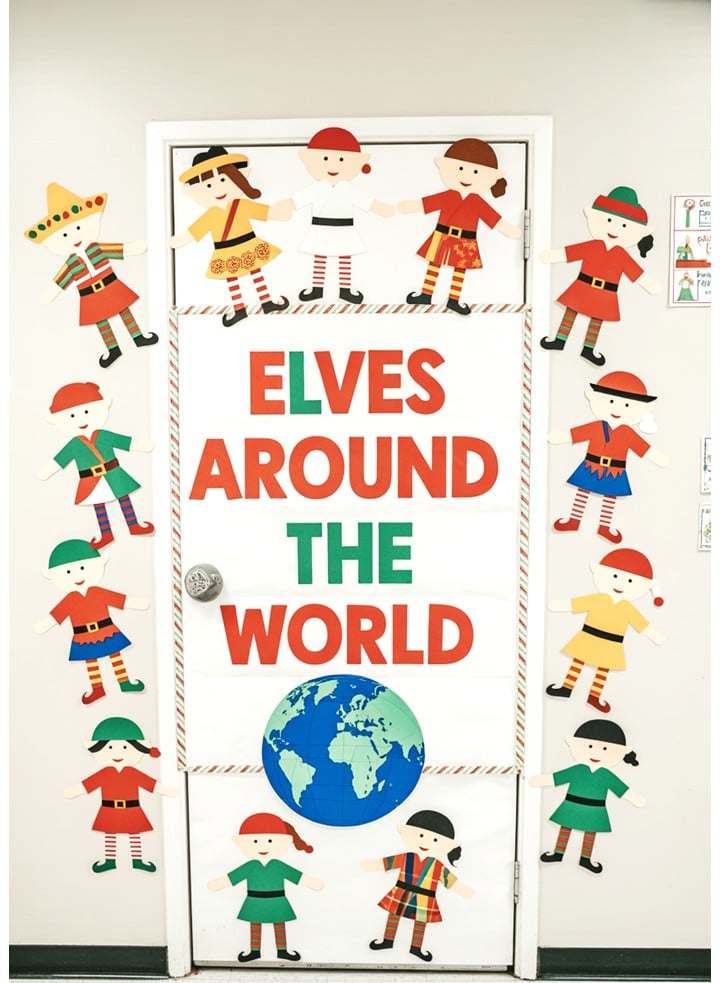 Christmas Around the World classroom door design with paper elves dressed in traditional outfits from different countries, promoting inclusion.