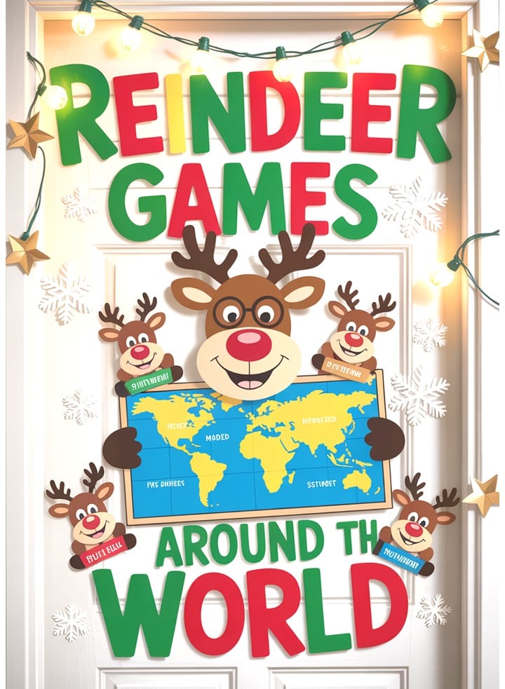Christmas Around the World classroom door decorated with reindeer wearing world flags and snowflakes for a fun multicultural holiday display.