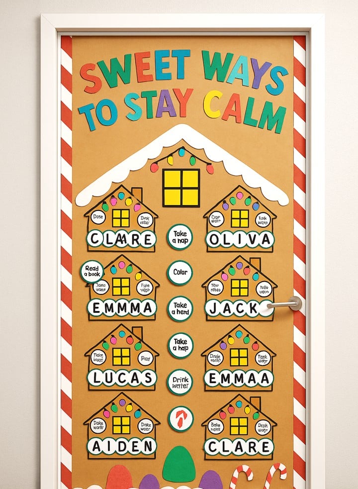 Christmas Around the World classroom door idea showing a Sweet Ways to Stay Calm gingerbread house door with student SEL calm-down crafts.