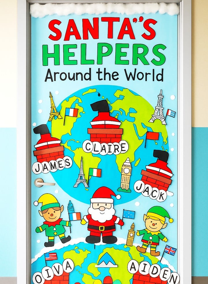 Christmas Around the World classroom door ideas featuring Santa’s Helpers Around the World display with mini chimneys, flags, and global landmarks.