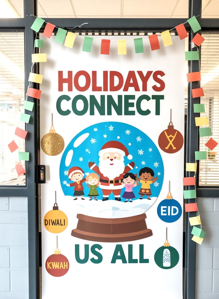 Christmas Around the World classroom door design with ornaments, dreidels, candles, and greetings in many languages celebrating inclusion.