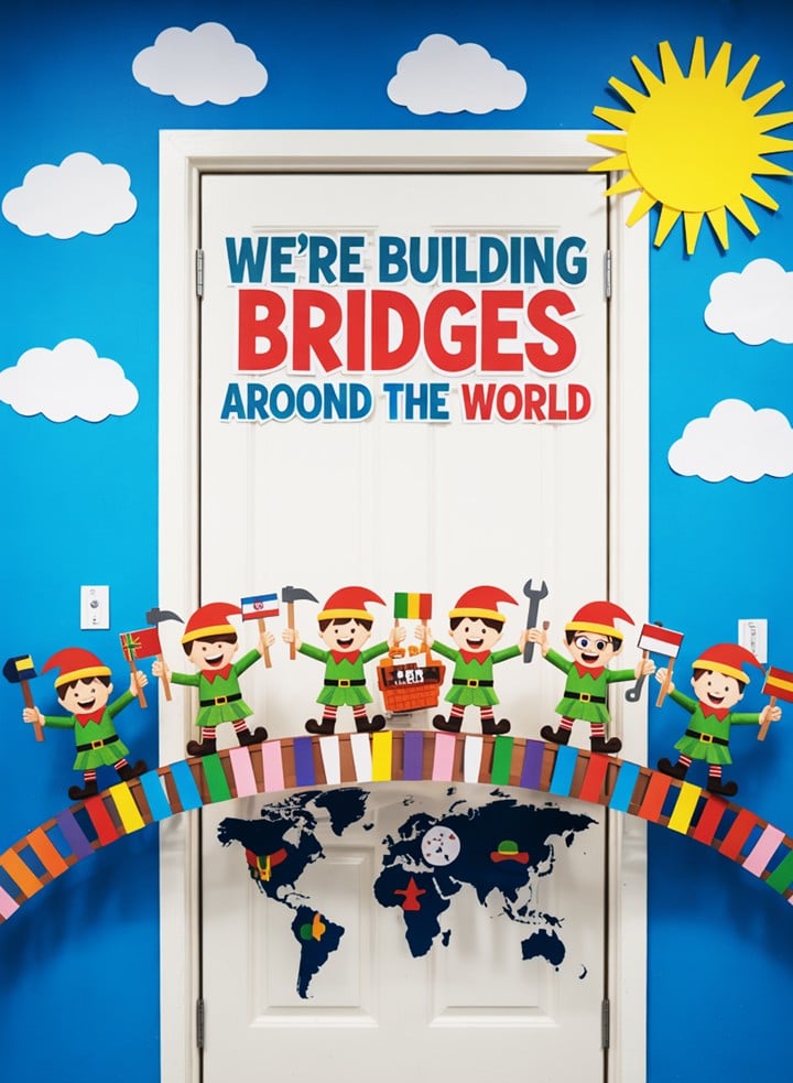 Christmas Around the World classroom door featuring a paper bridge with student photos and country flags, showing connection and unity.