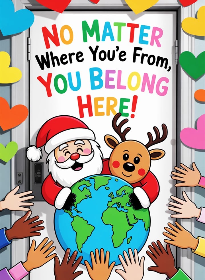 Christmas Around the World classroom door decorated with paper hands in different skin tones reaching toward a globe that says “You belong.”