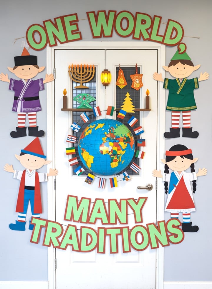 Christmas Around the World classroom door display celebrating global holidays like Diwali, Hanukkah, Eid, and Christmas with student art.