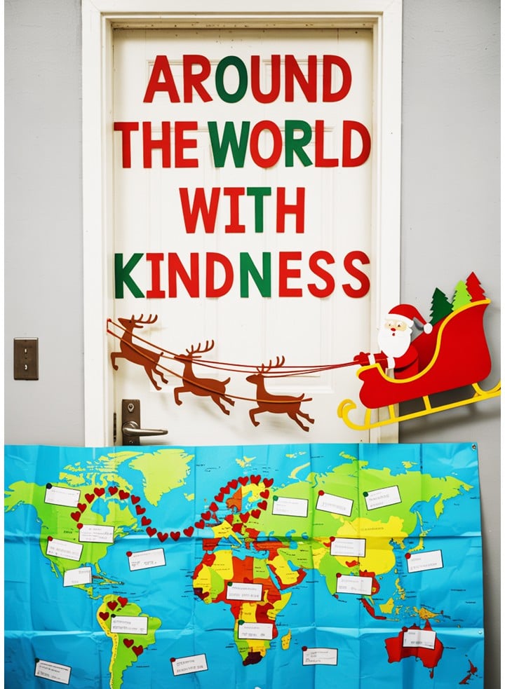Christmas Around the World classroom door with postcards and luggage tags showing acts of kindness across different countries.
