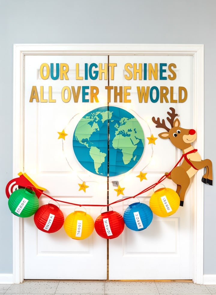 Christmas Around the World classroom door design with glowing lanterns labeled with positive character traits surrounding a paper Earth.