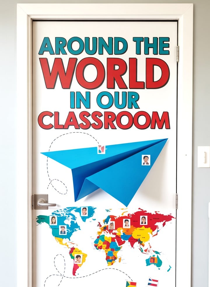 Christmas Around the World classroom door showing a paper airplane flying across a world map with student faces in the windows.