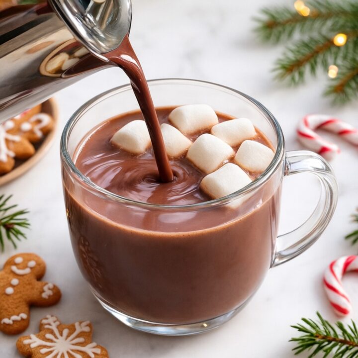 Warm spiced monk fruit hot chocolate served in a holiday mug, featuring keto dark chocolate chips and soy milk, perfect for a keto Christmas hot chocolate recipe.