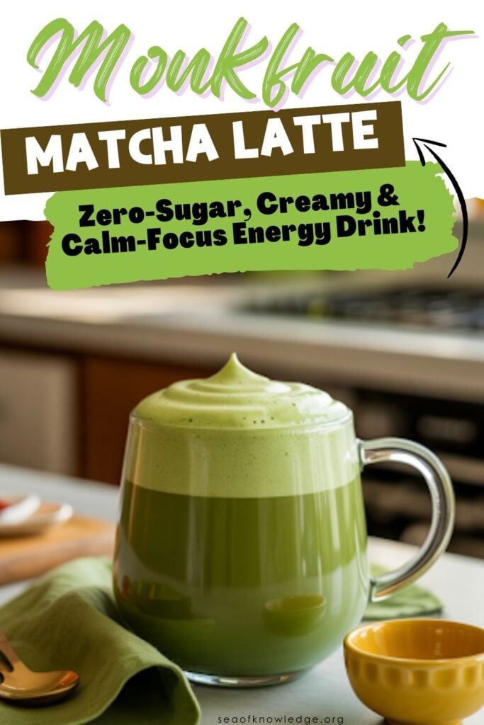 A cozy mug of healthy matcha latte sweetened naturally with monkfruit, surrounded by matcha powder and milk froth for a low sugar monkfruit latte.