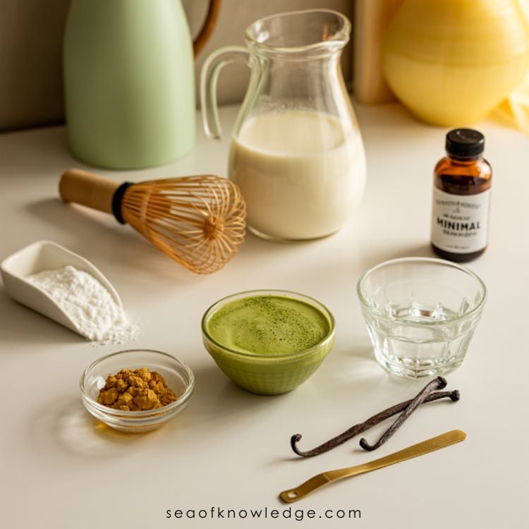 Overhead view of a sugar free matcha latte made with monkfruit, bright green matcha powder, and warm frothed milk for a low sugar latte option.