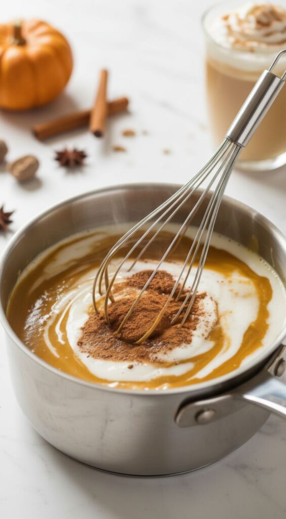 Overhead shot of a cozy pumpkin spice monkfruit latte with latte art and warm autumn spices like cinnamon and nutmeg around the mug.