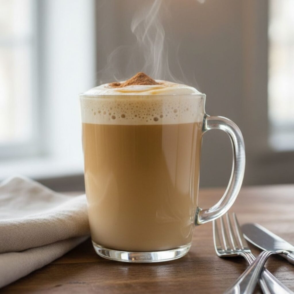 Close up of a frothy low sugar pumpkin spice monkfruit latte with cinnamon stick garnish and bright natural lighting.