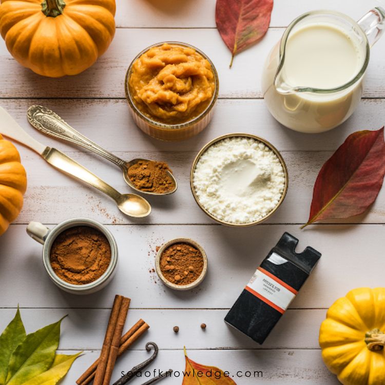 Creamy pumpkin spice monkfruit latte made with monkfruit sweetener and pumpkin puree set on a wooden board with scattered coffee beans.