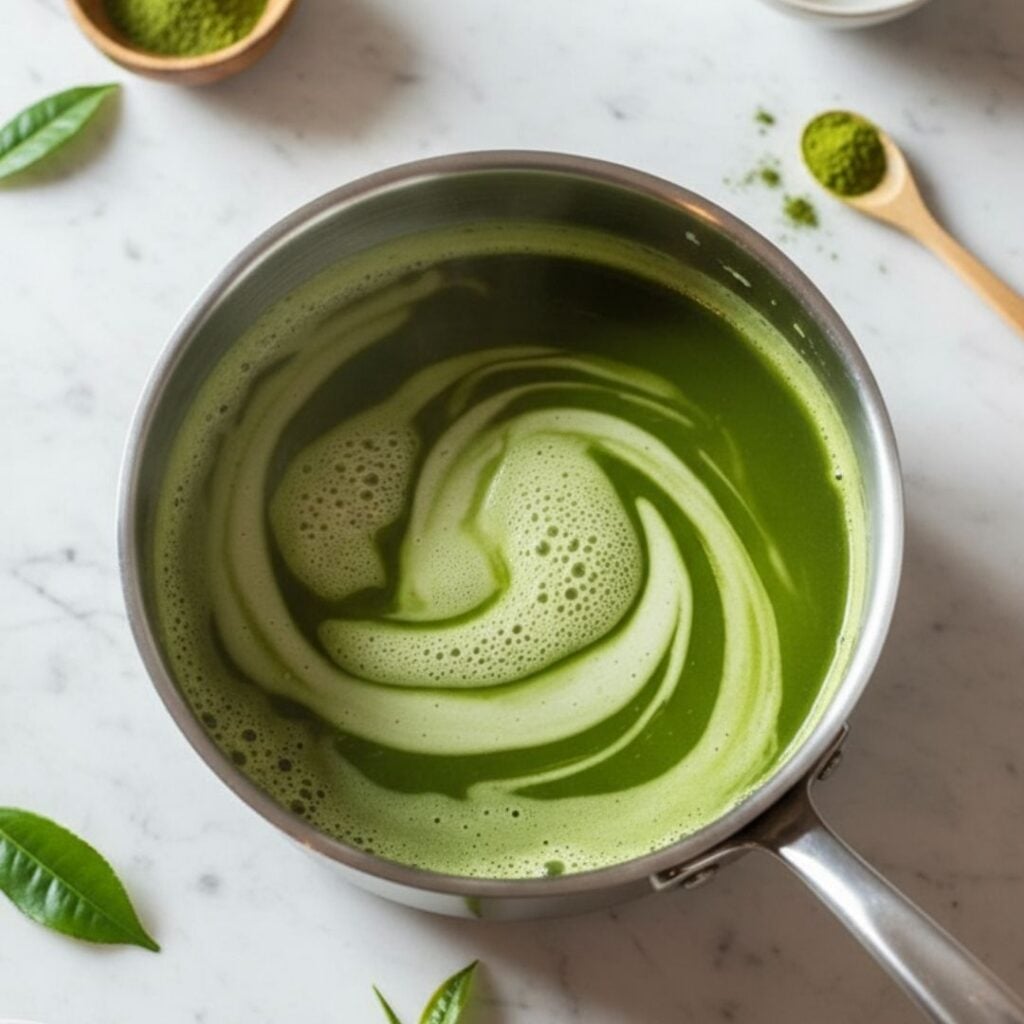 Creamy monkfruit matcha latte swirling in a glass mug on a marble counter, showing the smooth foam of this healthy matcha latte made with monkfruit sweetener.