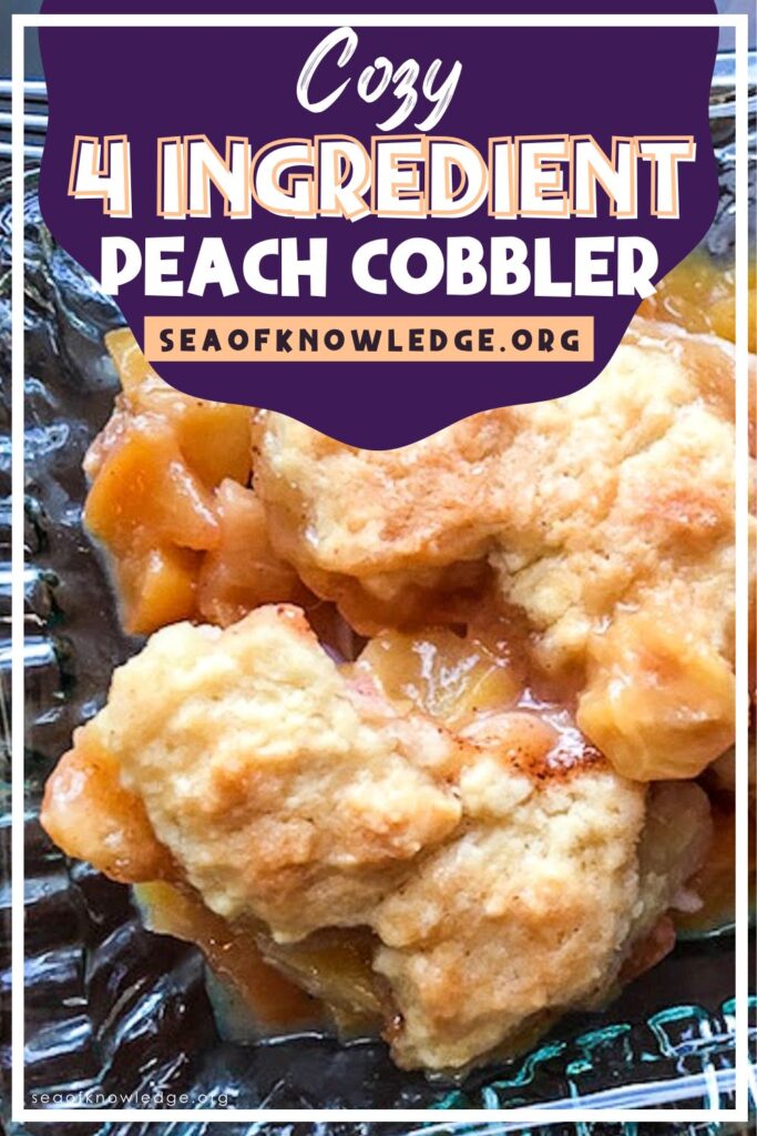 Close up of peach cobbler showing juicy peaches and soft golden topping