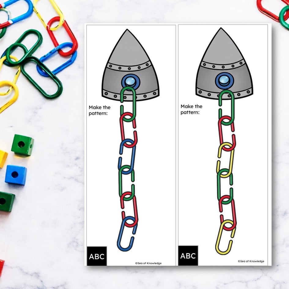 Caterpillar pattern task cards with linking chains for early math practice
