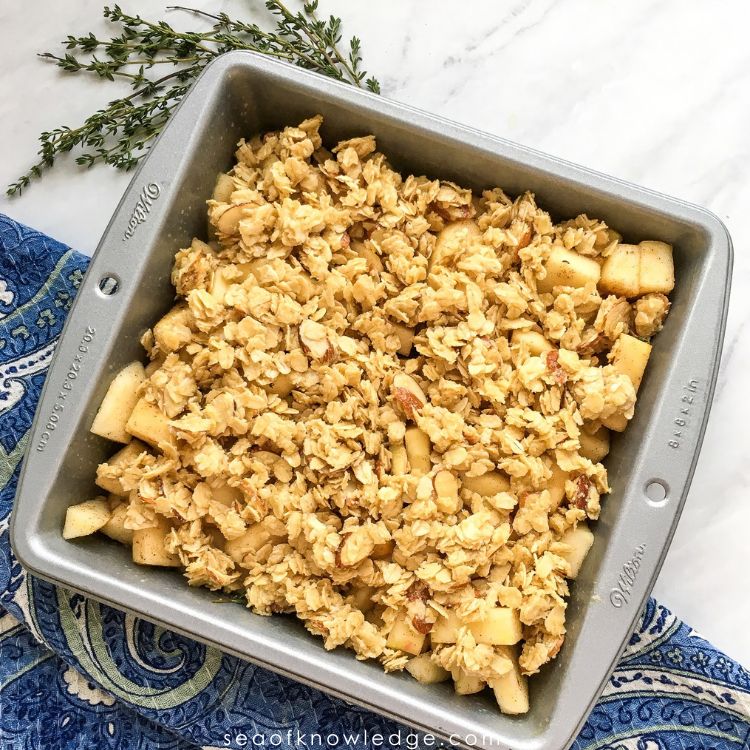 Healthy apple crisp cooling in a baking dish with crisp oat topping